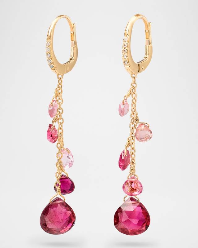 18K Yellow Gold Single-Strand Pink Tourmaline Earrings and Diamond Accent